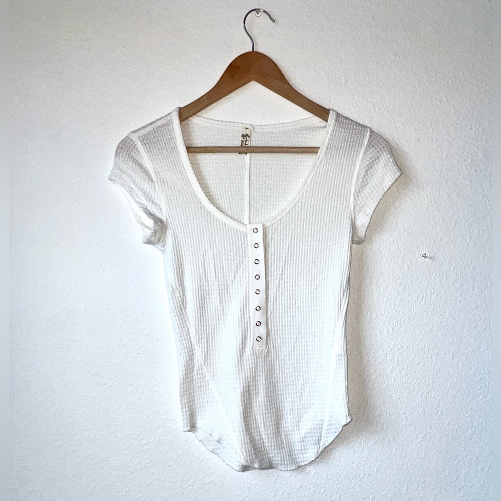 Free People White Waffle Henley Tee XS